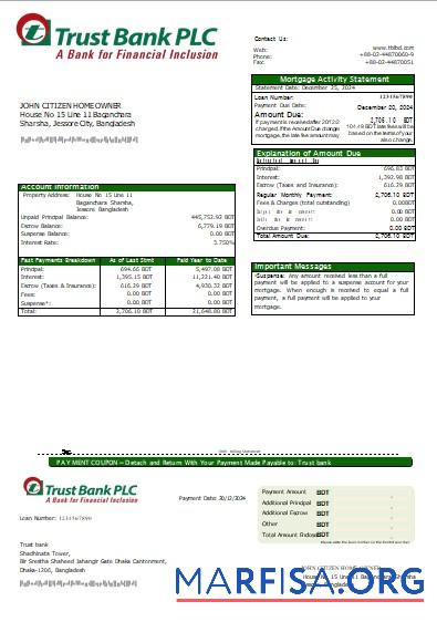 Realistic Bangladesh Trust bank mortgage statement scr real example